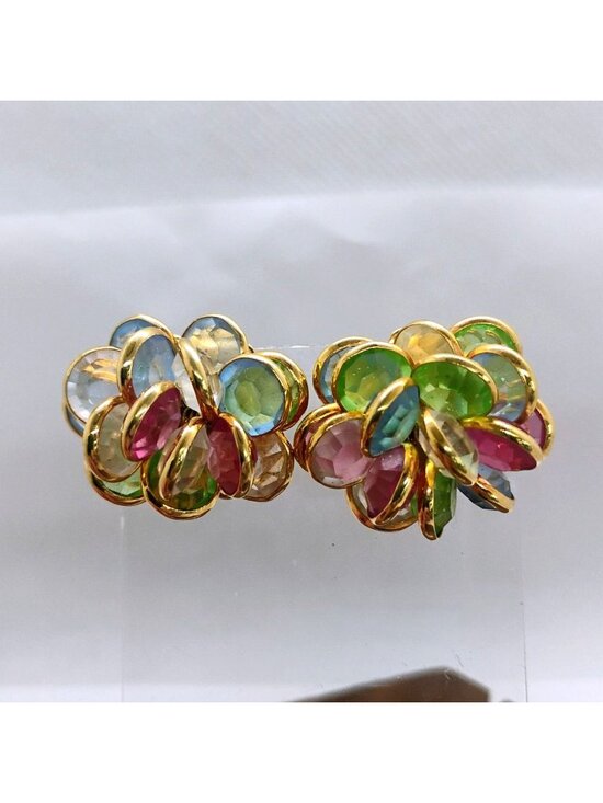 Jewelry - Vtg Bezel Set Crystal Cluster Earrings Gold Tone Pierced Pastel Colors